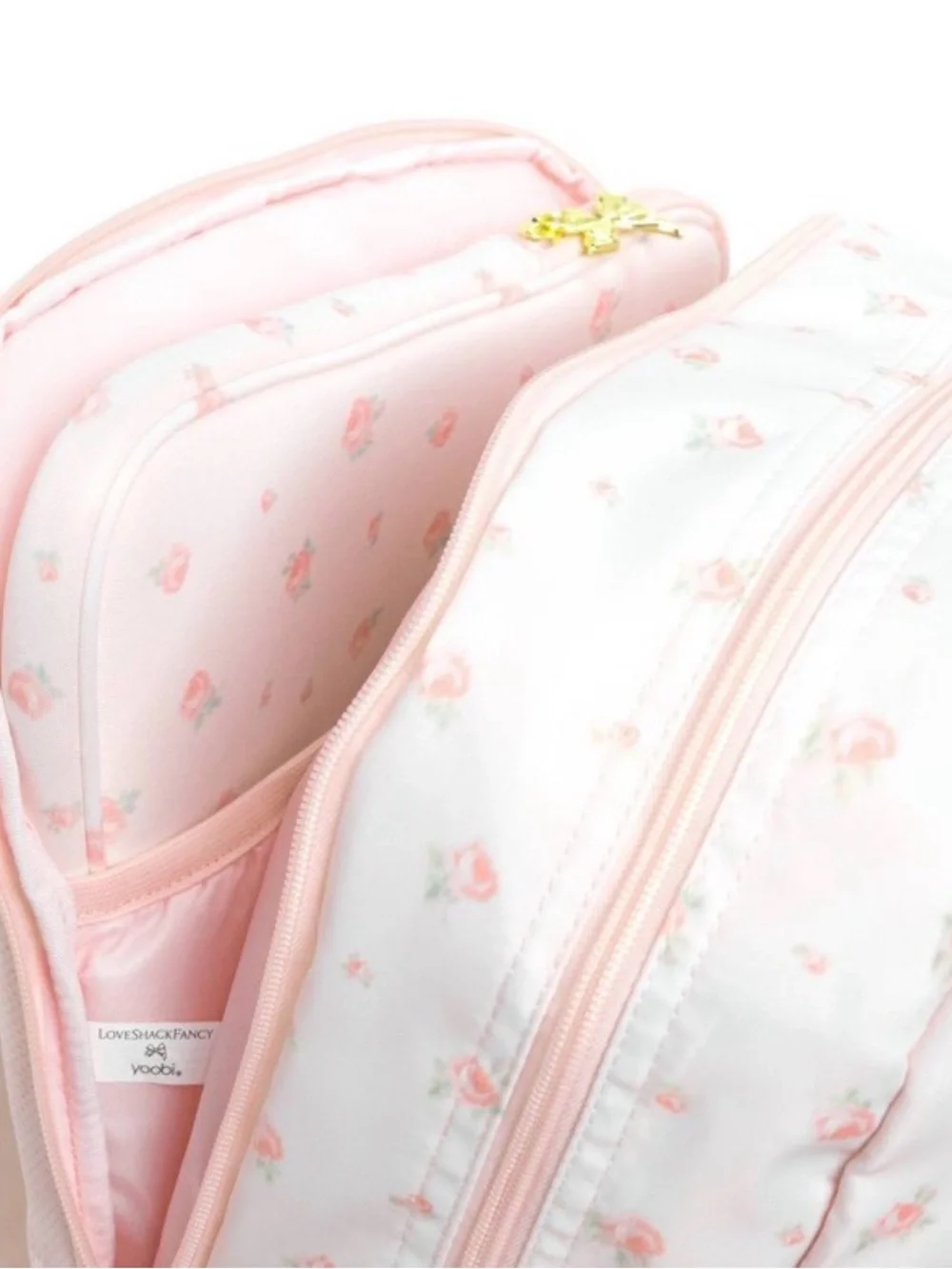LoveShackFancy Pale Pink Quilted Floral Backpack with Bow Charm